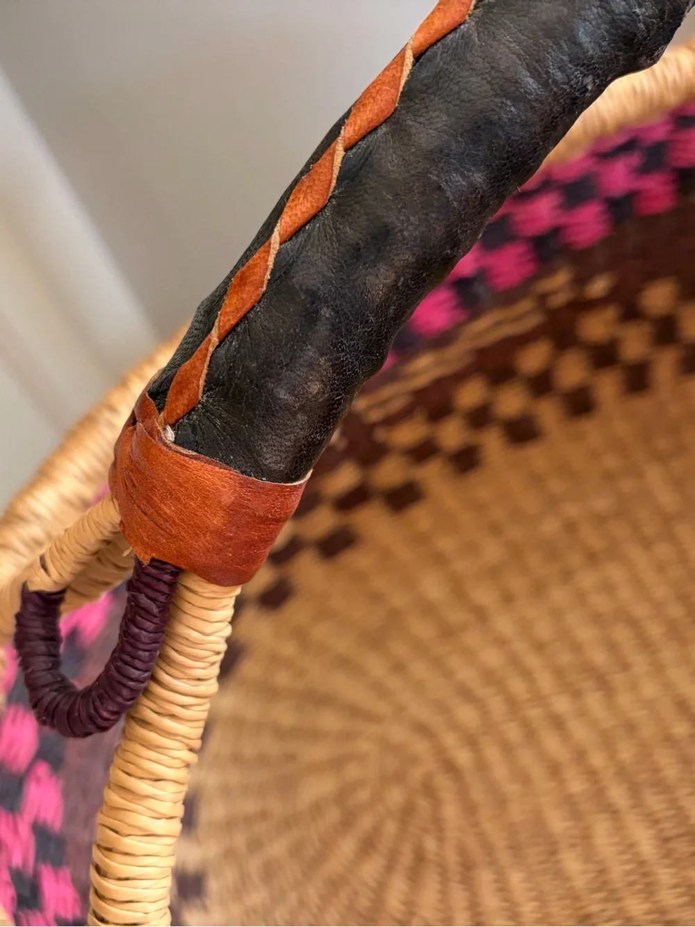 African Handwoven Ghanaian Straw Basket with Leather Handle pink red beige